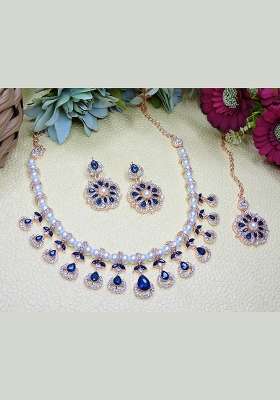 Blue Alloy American Diamonds And Stone Necklace Set