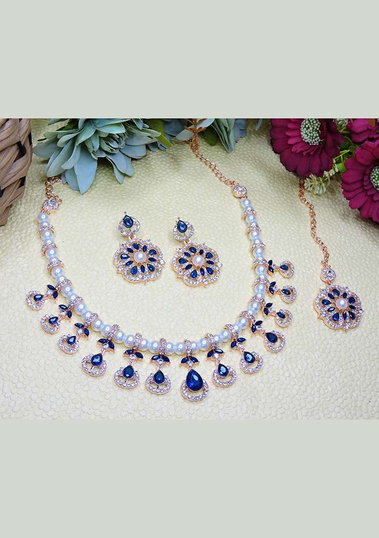 Blue Alloy American Diamonds And Stone Necklace Set - Indya