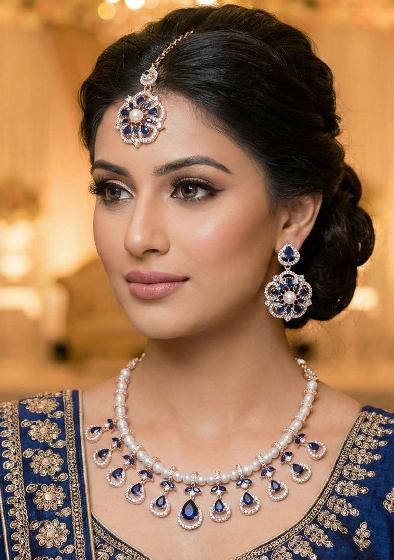 Blue Alloy American Diamonds And Stone Necklace Set - Indya