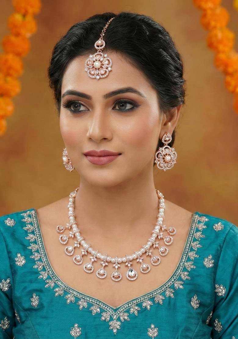White Alloy American Diamonds And Stone Necklace Set - Indya