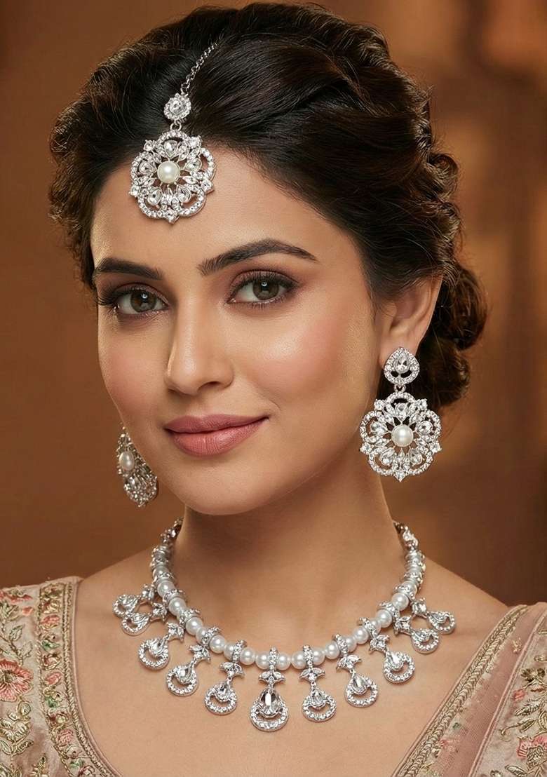 White Alloy American Diamonds And Stone Necklace Set - Indya