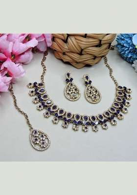 Blue Alloy American Diamonds And Stone Necklace Set