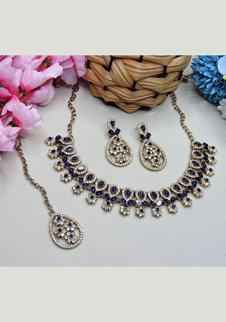 Blue Alloy American Diamonds And Stone Necklace Set - Indya