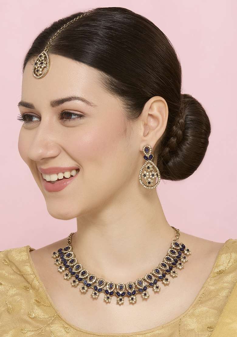 Blue Alloy American Diamonds And Stone Necklace Set - Indya