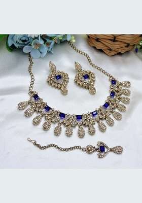 Blue Alloy American Diamonds And Stone Necklace Set