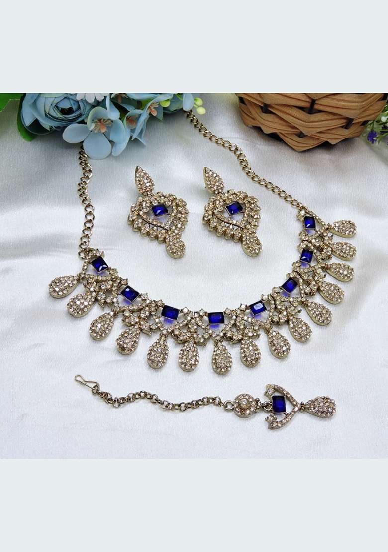 Blue Alloy American Diamonds And Stone Necklace Set - Indya