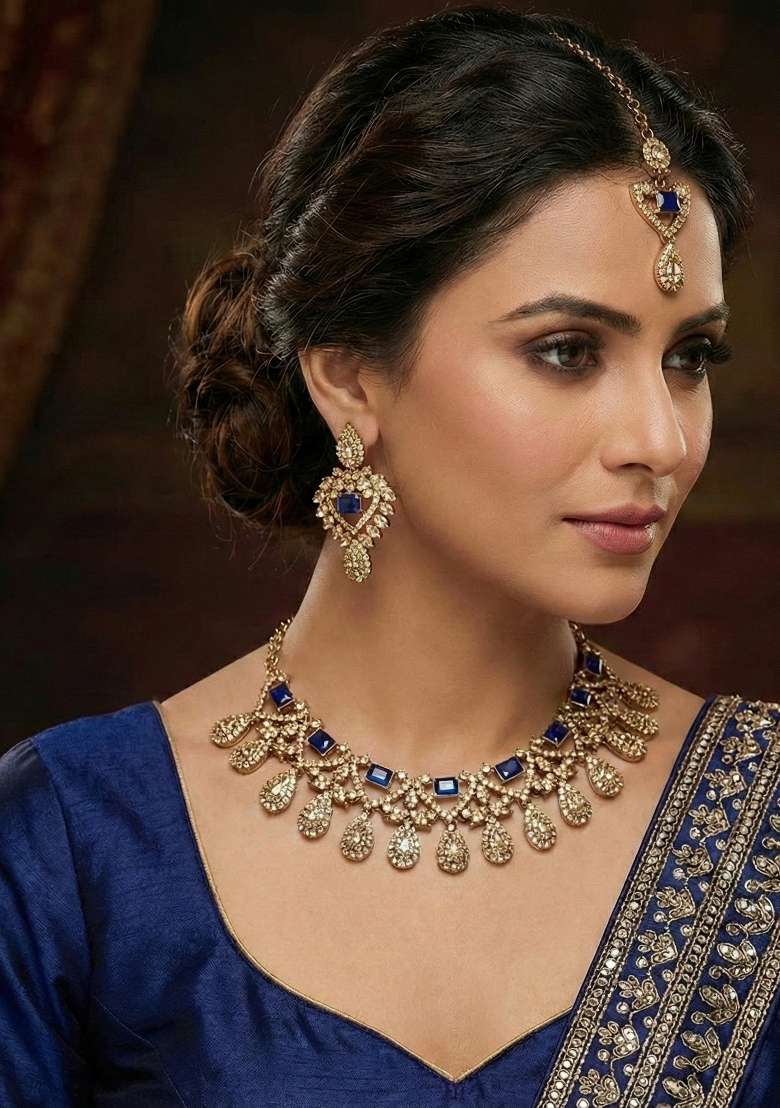 Blue Alloy American Diamonds And Stone Necklace Set - Indya