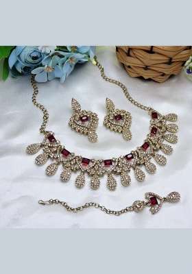 Maroon Alloy American Diamonds And Stone Necklace Set