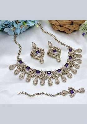 Blue Alloy American Diamonds And Stone Necklace Set