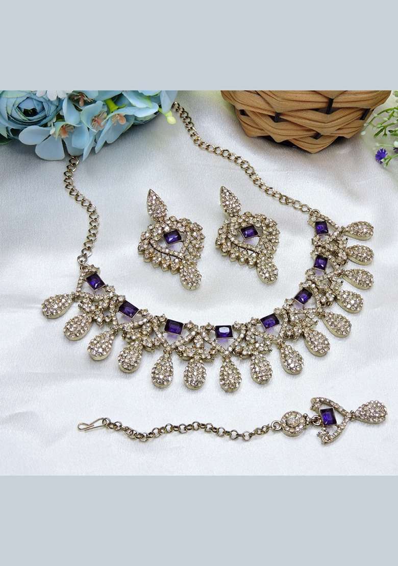Blue Alloy American Diamonds And Stone Necklace Set - Indya