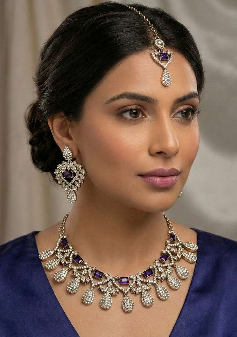 Blue Alloy American Diamonds And Stone Necklace Set - Indya