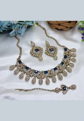 Blue Alloy American Diamonds And Stone Necklace Set