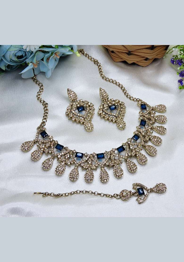 Blue Alloy American Diamonds And Stone Necklace Set - Indya