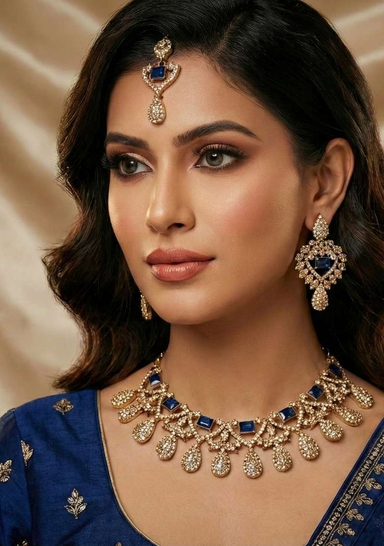 Blue Alloy American Diamonds And Stone Necklace Set - Indya