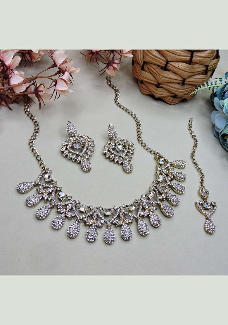 White Alloy American Diamonds And Stone Necklace Set - Indya