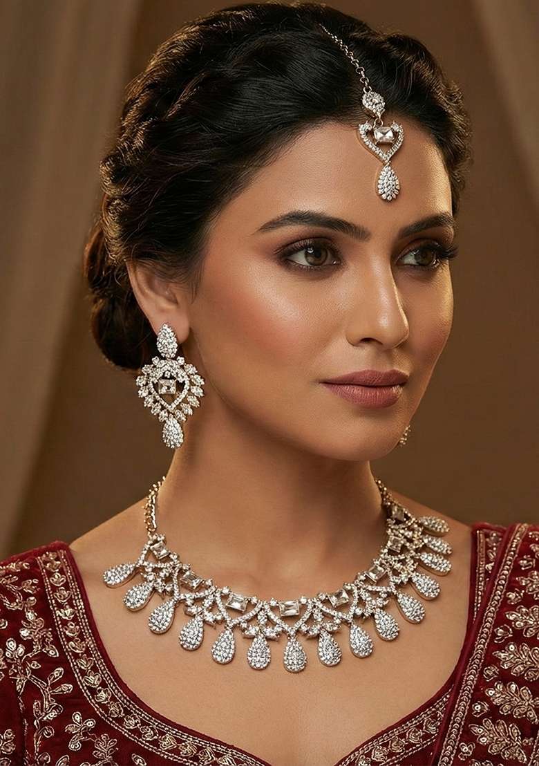 White Alloy American Diamonds And Stone Necklace Set - Indya