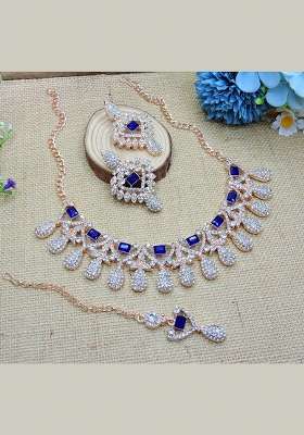 Blue Alloy American Diamonds And Stone Necklace Set