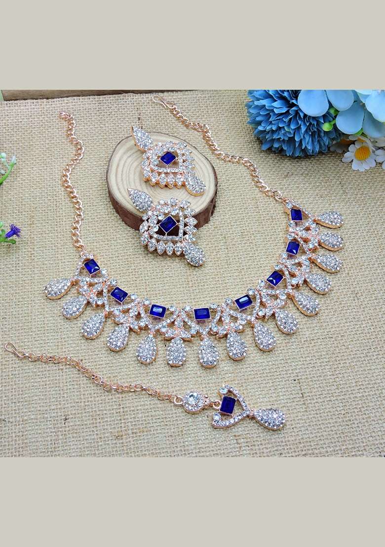 Blue Alloy American Diamonds And Stone Necklace Set - Indya