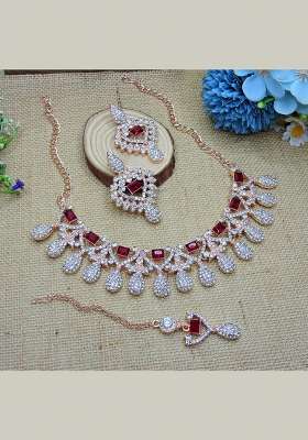 Maroon Alloy American Diamonds And Stone Necklace Set