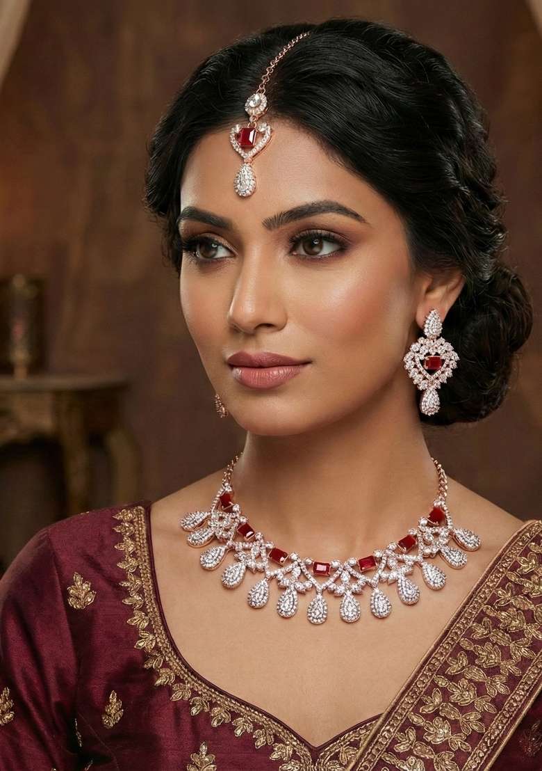 Maroon Alloy American Diamonds And Stone Necklace Set - Indya