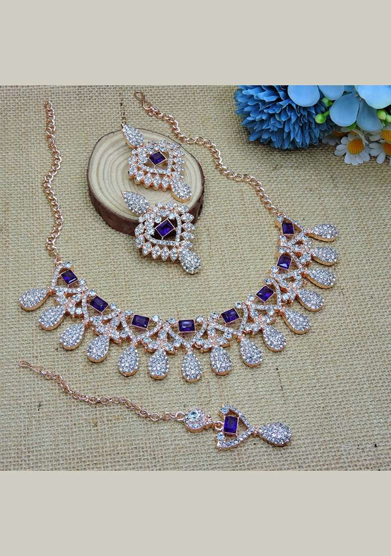 Blue Alloy American Diamonds And Stone Necklace Set - Indya