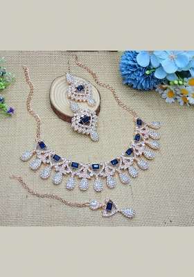 Blue Alloy American Diamonds And Stone Necklace Set