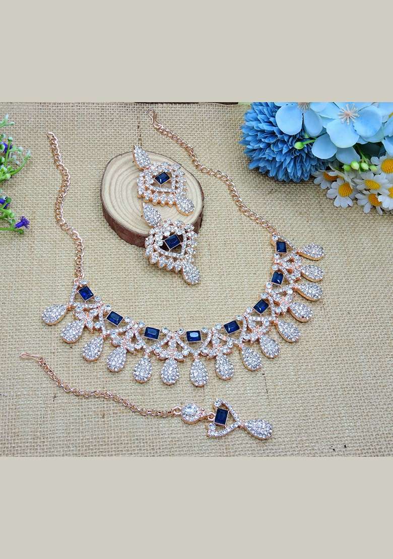 Blue Alloy American Diamonds And Stone Necklace Set - Indya