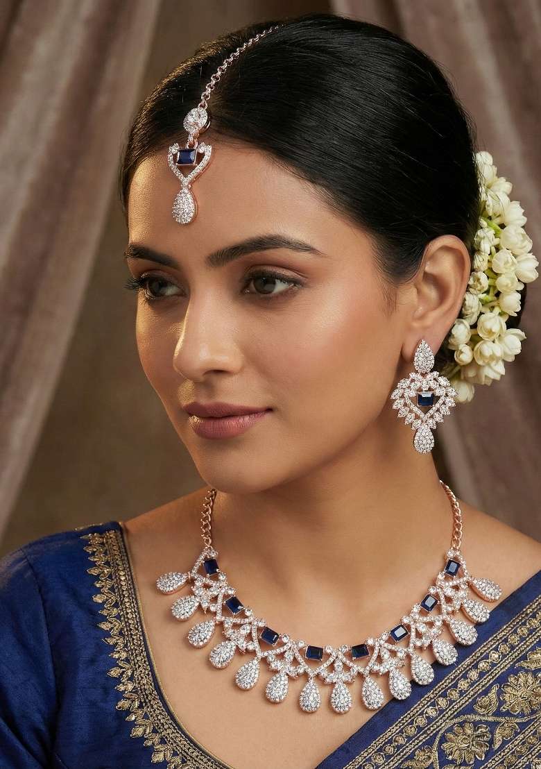 Blue Alloy American Diamonds And Stone Necklace Set - Indya