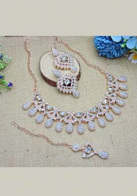 White Alloy American Diamonds And Stone Necklace Set