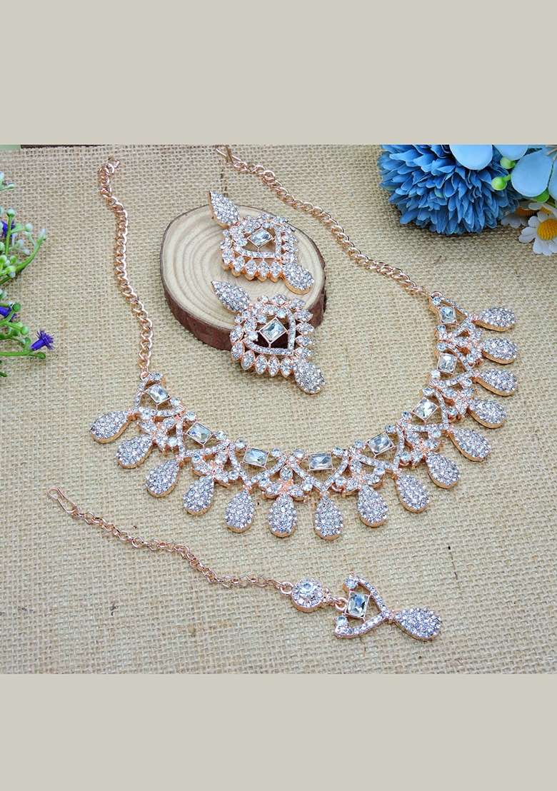White Alloy American Diamonds And Stone Necklace Set - Indya