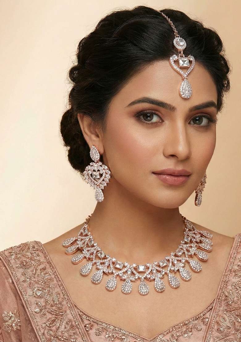 White Alloy American Diamonds And Stone Necklace Set - Indya