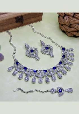 Blue Alloy American Diamonds And Stone Necklace Set