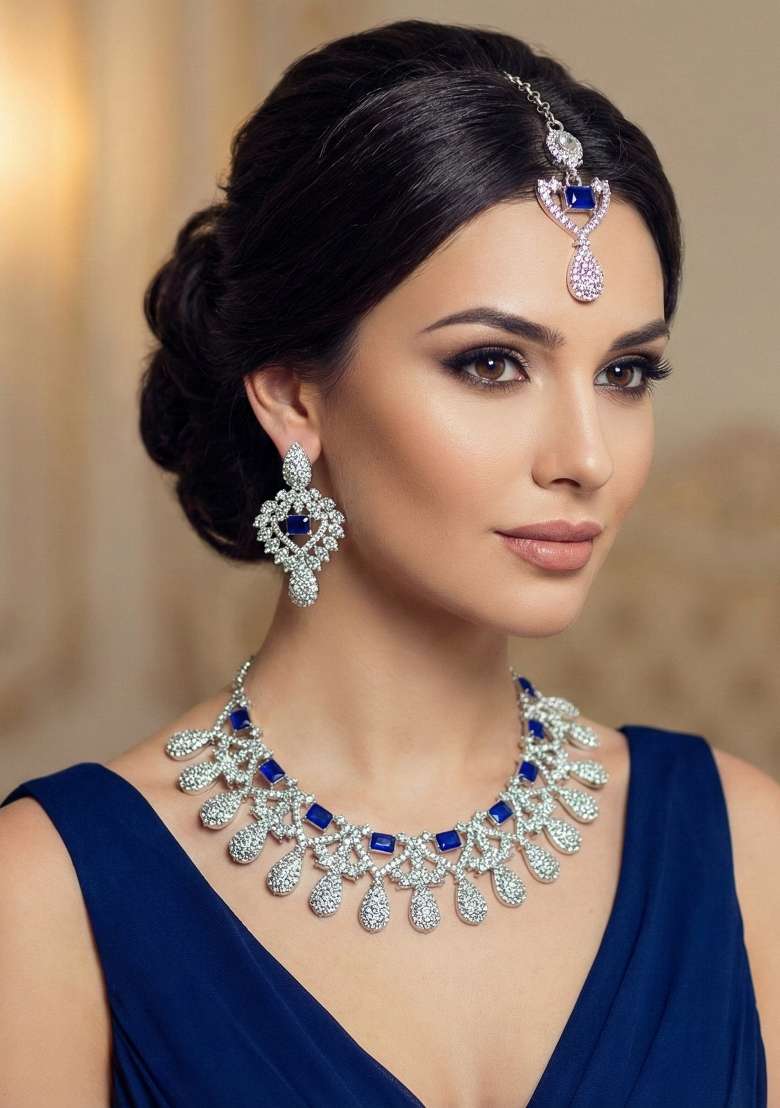 Blue Alloy American Diamonds And Stone Necklace Set - Indya