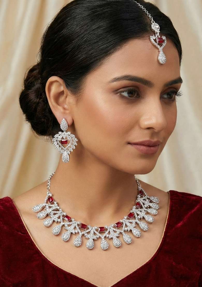 Maroon Alloy American Diamonds And Stone Necklace Set - Indya