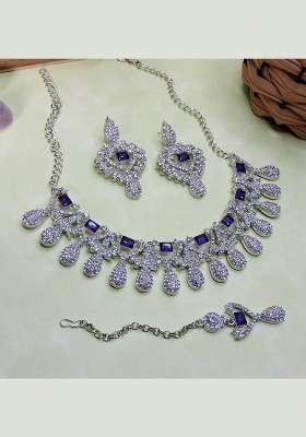 Blue Alloy American Diamonds And Stone Necklace Set