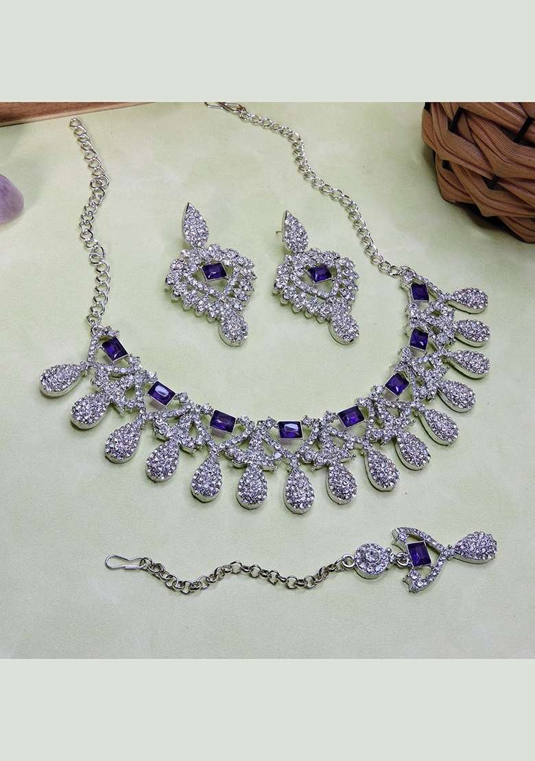 Blue Alloy American Diamonds And Stone Necklace Set - Indya