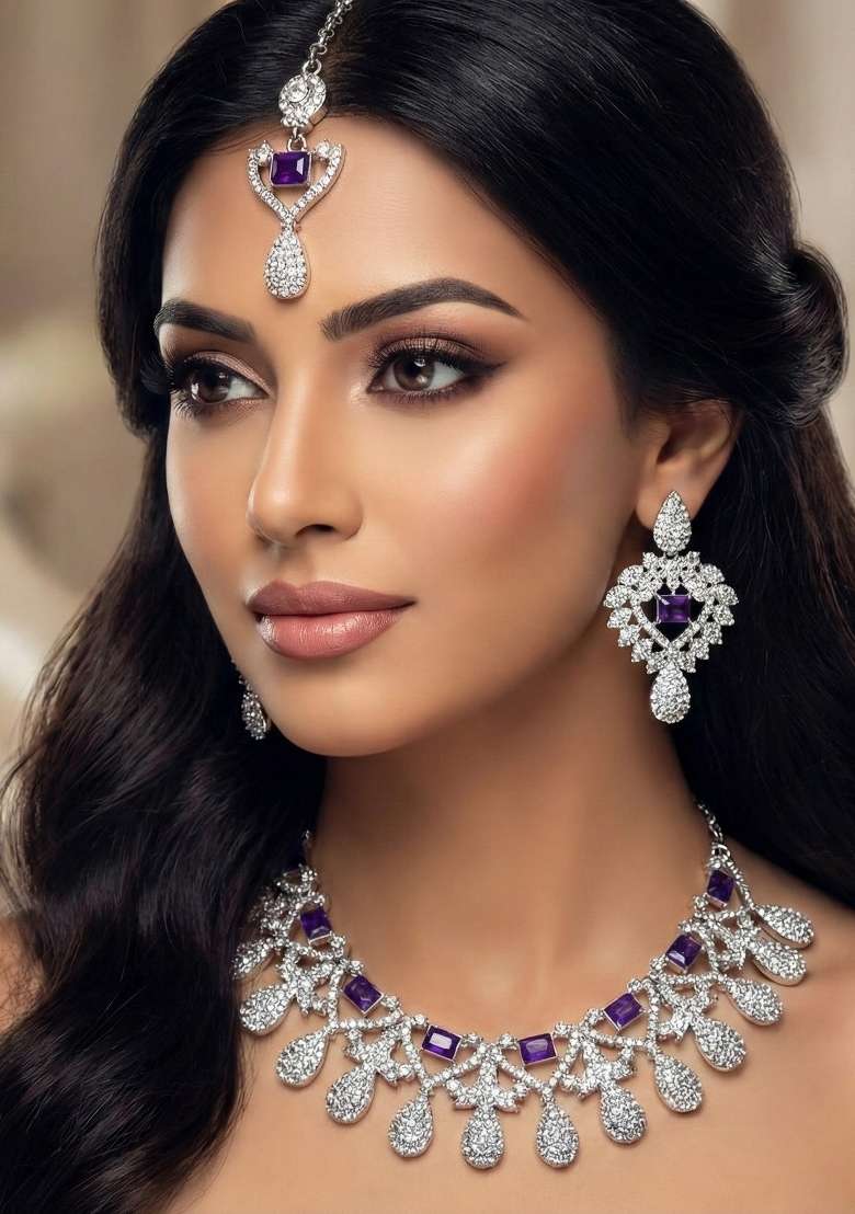 Blue Alloy American Diamonds And Stone Necklace Set - Indya