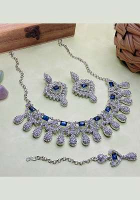 Blue Alloy American Diamonds And Stone Necklace Set