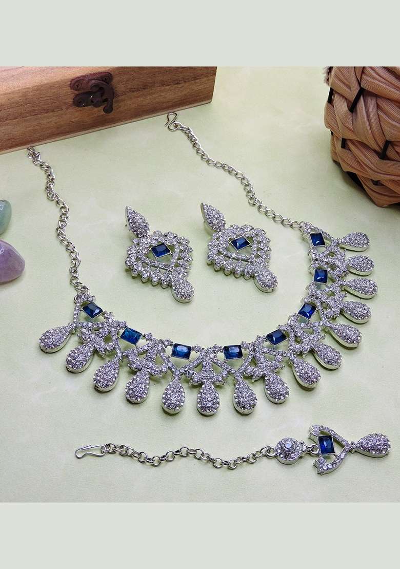 Blue Alloy American Diamonds And Stone Necklace Set - Indya