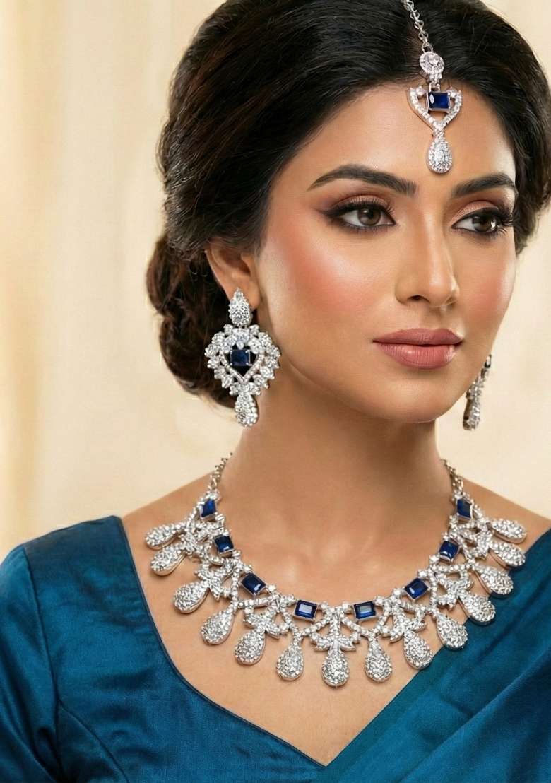 Blue Alloy American Diamonds And Stone Necklace Set - Indya