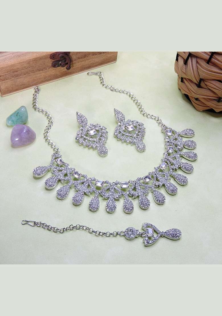 White Alloy American Diamonds And Stone Necklace Set - Indya