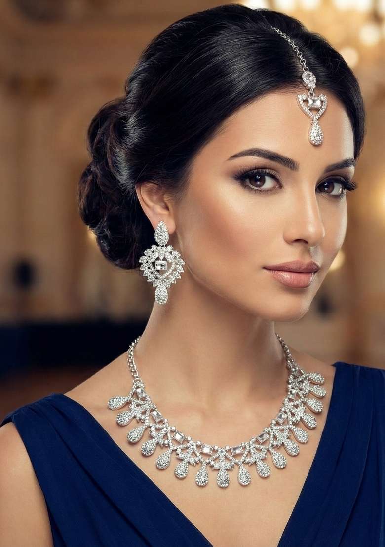 White Alloy American Diamonds And Stone Necklace Set - Indya