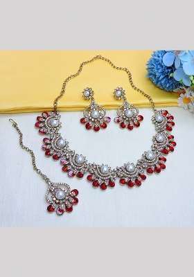 Red Alloy American Diamonds And Stone Necklace Set