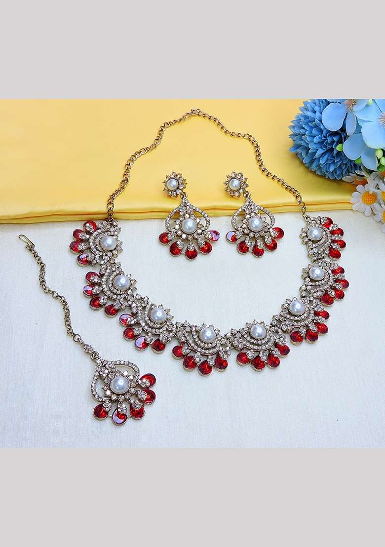 Red Alloy American Diamonds And Stone Necklace Set - Indya
