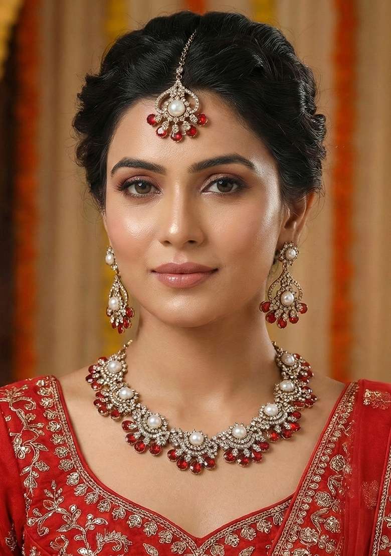 Red Alloy American Diamonds And Stone Necklace Set - Indya