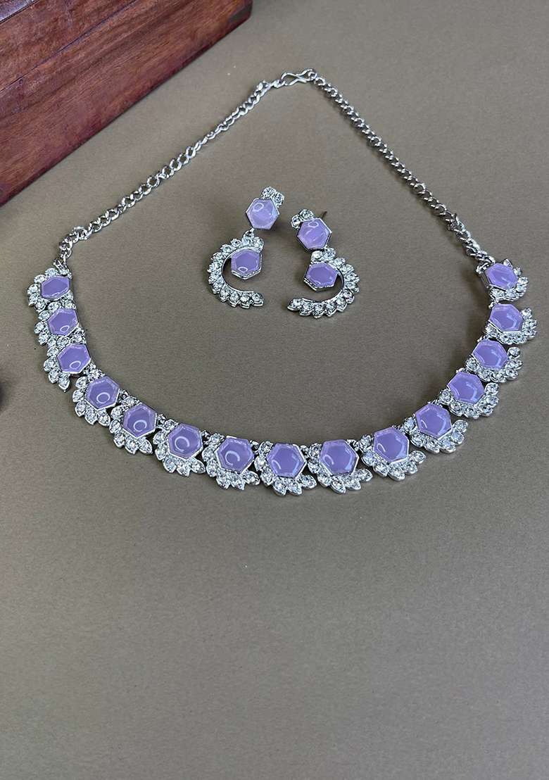 Purple Alloy American Diamonds and Stone Necklace Set - Indya