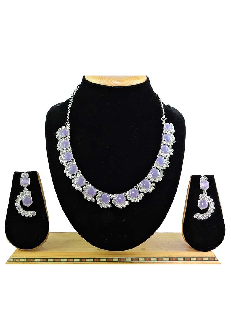 Purple Alloy American Diamonds and Stone Necklace Set - Indya