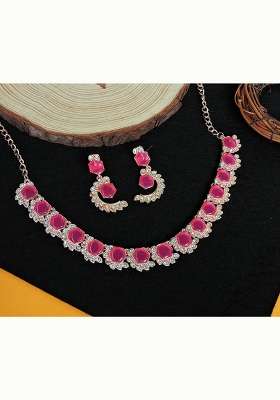 Maroon Alloy American Diamonds and Stone Necklace Set
