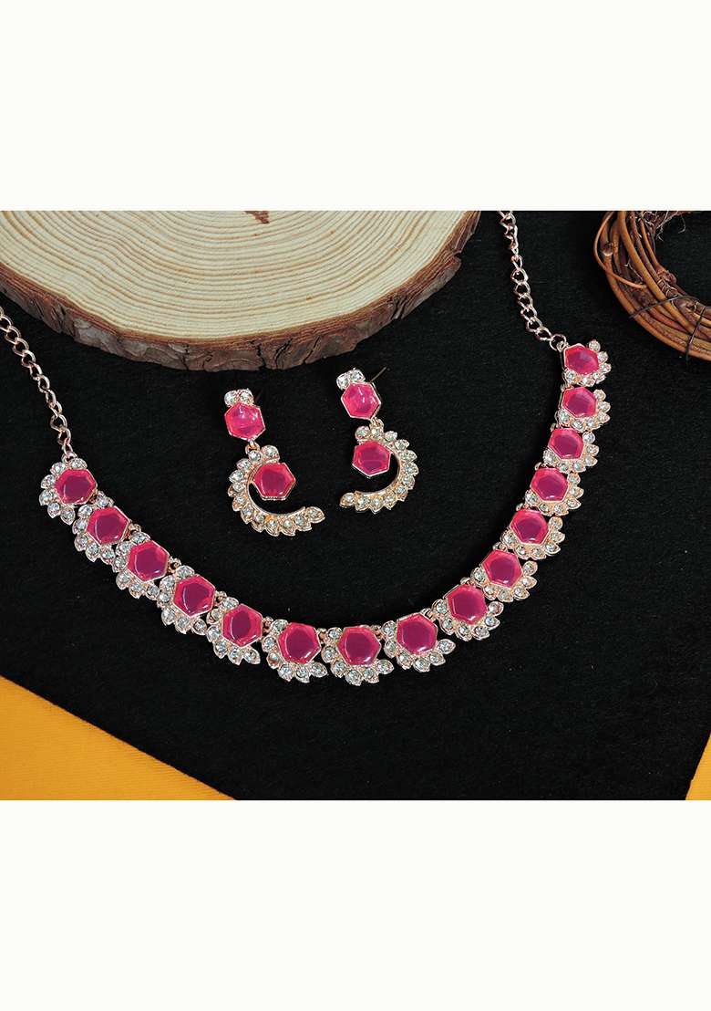 Maroon Alloy American Diamonds and Stone Necklace Set - Indya