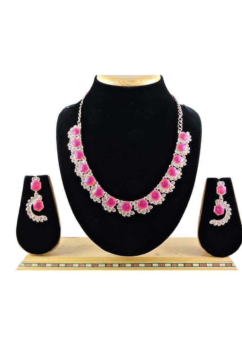 Maroon Alloy American Diamonds and Stone Necklace Set - Indya